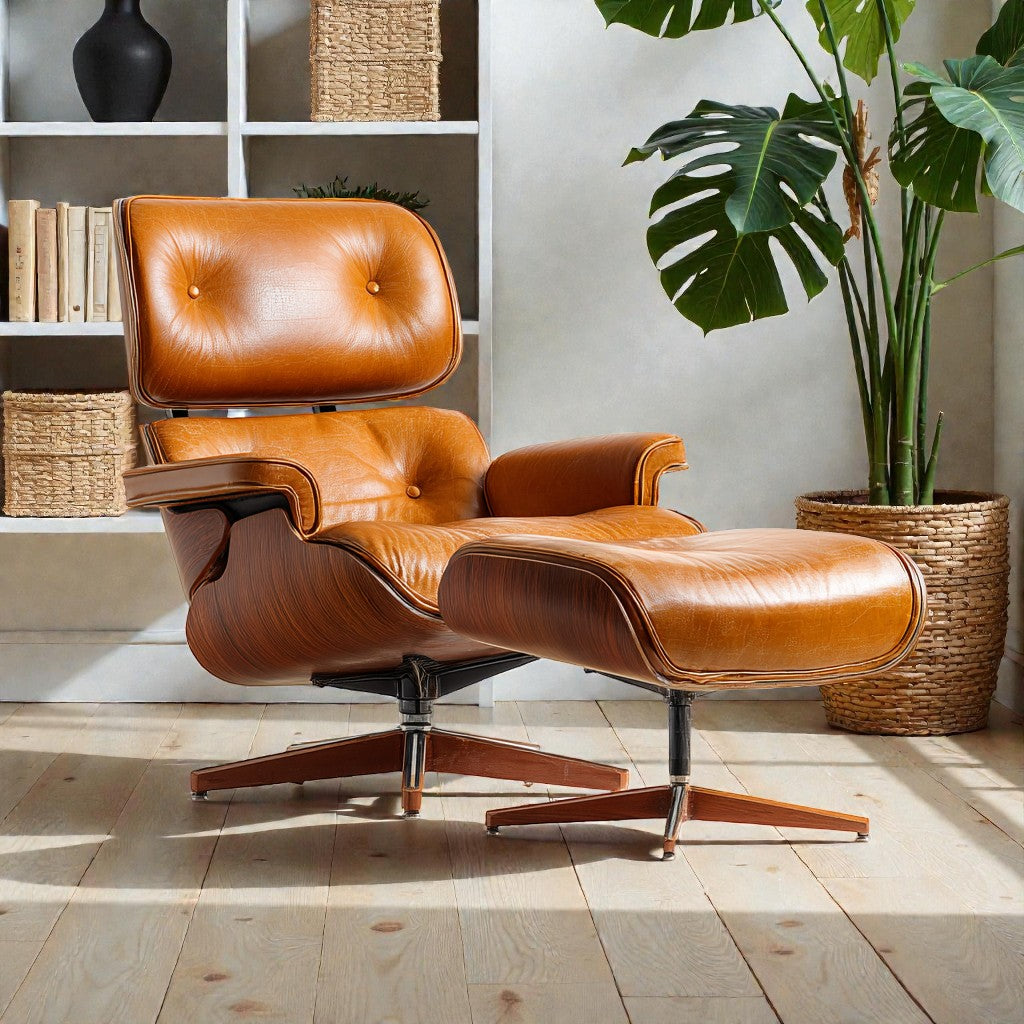 Scandi-Luxe Leather Lounge Chair & Ottoman Set